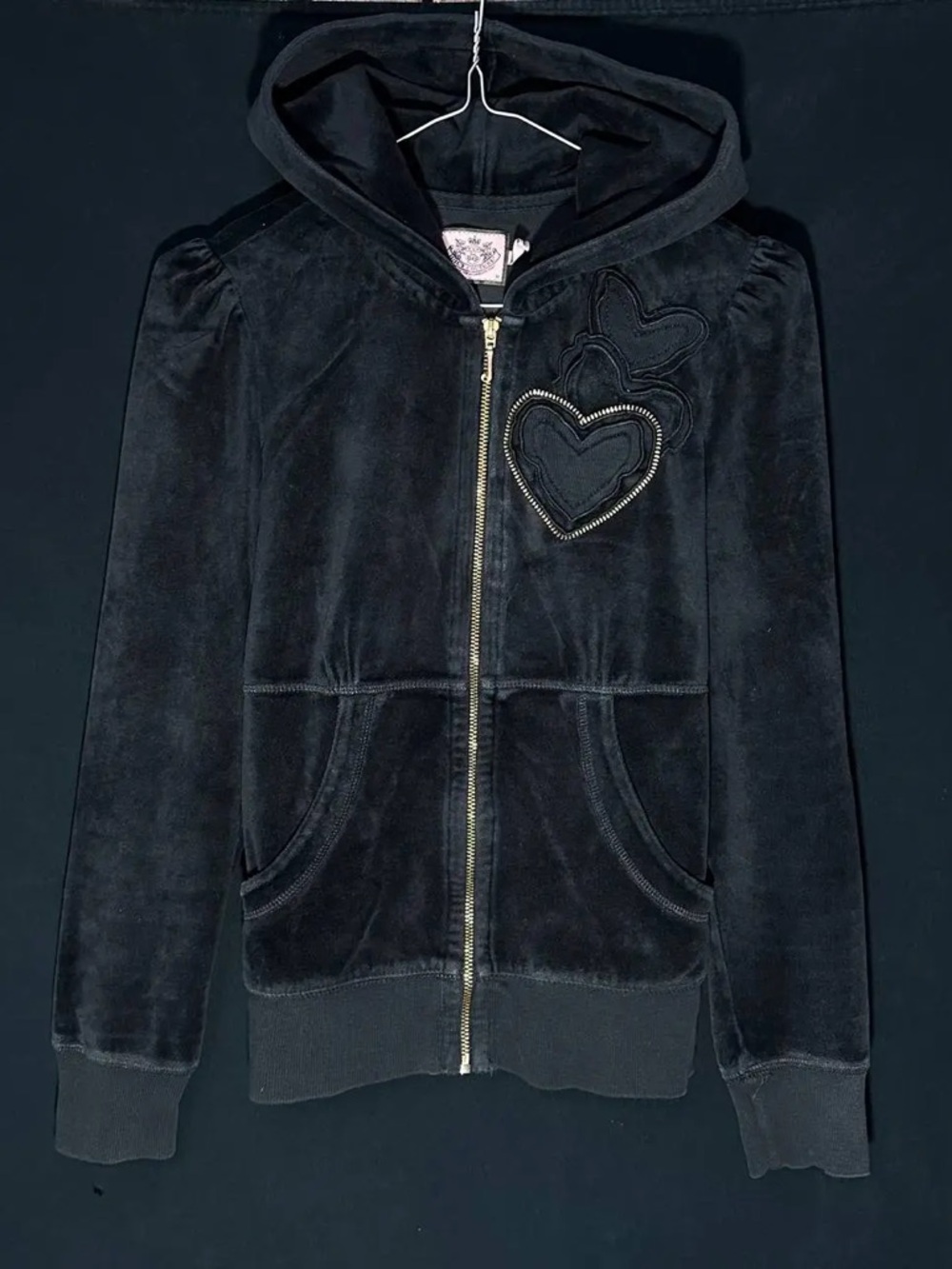Juicy Couture Black Velour Hooded Zip Sweatshirt with Heart Appliqué